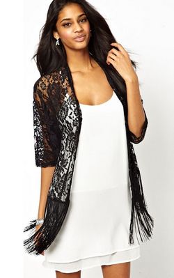 F2459 Hollow Out See Through Tassel Hem Batwing Sleeve Lace Jacket